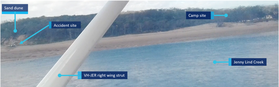 Figure 20: Image taken from VH-JER on approach to land soon after the accident showing area of beach to the north of the landing area. Source: Queensland Police Service.