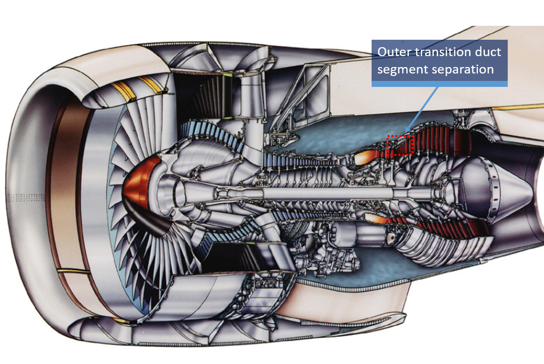 Figure 1: Cutaway view of the PW4170 showing outer transition duct location. Source: Pratt & Whitney, modified by the ATSB