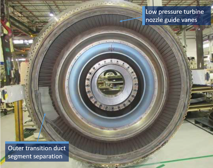 Figure 2: Front view of low pressure turbine section showing the outer transition duct segment separation and movement into the low pressure turbine airflow path. Source: Pratt & Whitney, modified by the ATSB