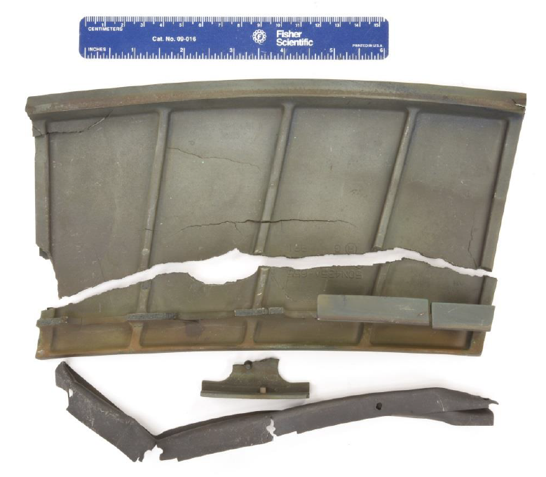 Figure 3: Non gas path side of the failed number 5 outer transition duct sections. Source: Pratt & Whitney