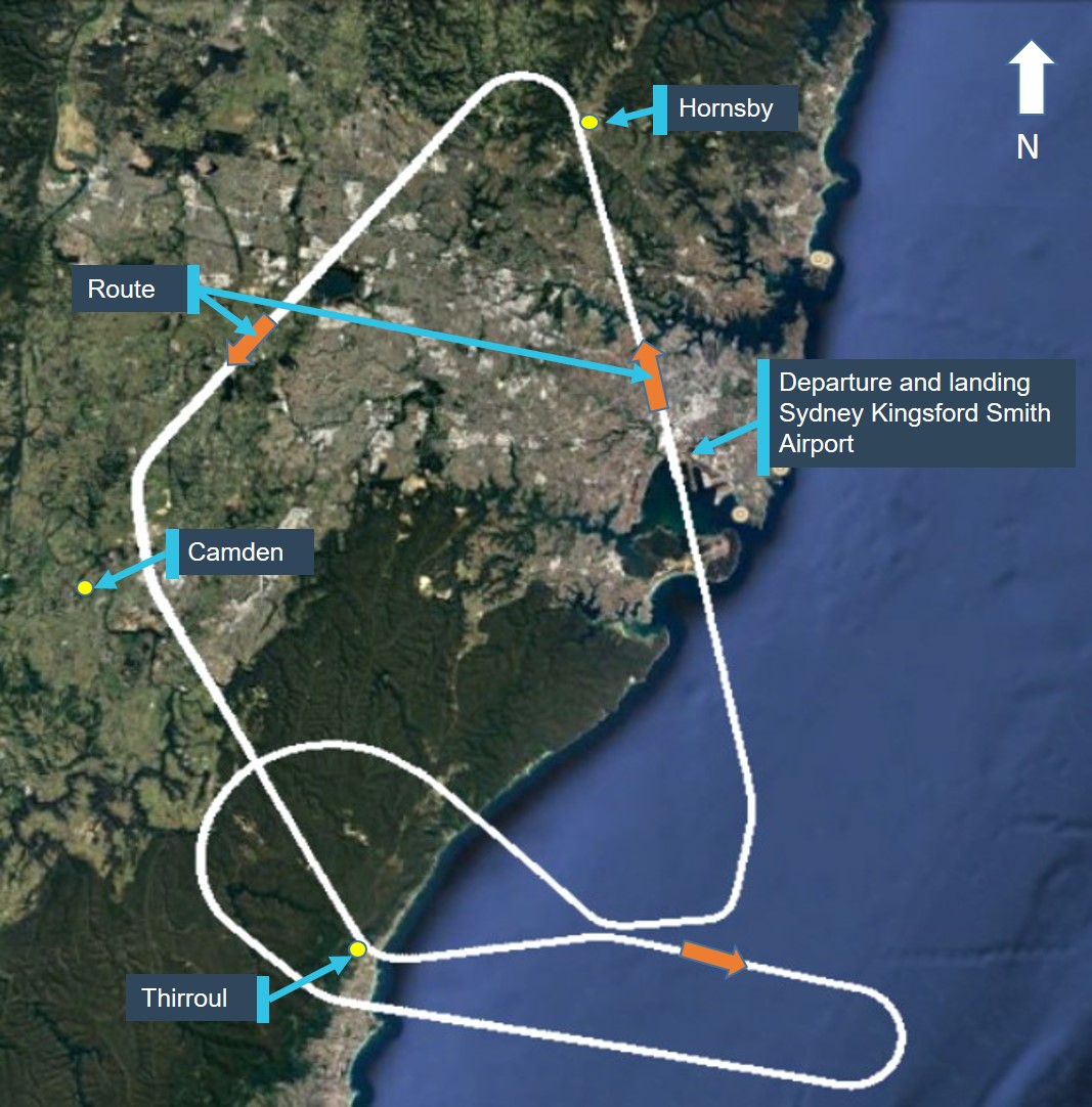 Figure 1: Aircraft route, departure and landing at Sydney Airport. Source; Google earth, modified by the ATSB