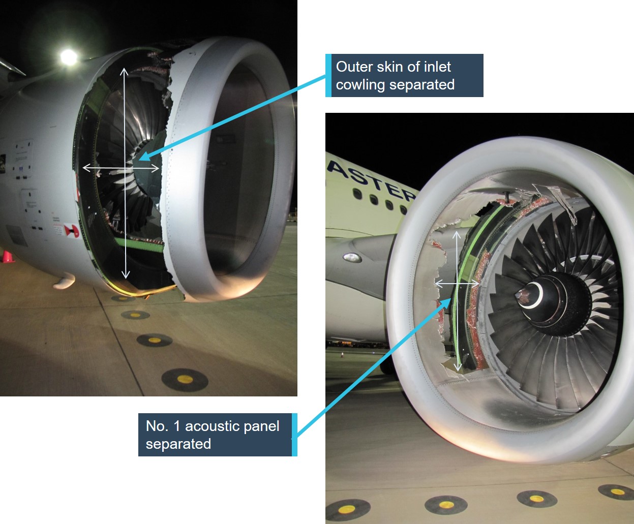 Figure 2: Left engine inlet cowling acoustic panels and inboard side outer inlet panel destroyed. Source: ATSB