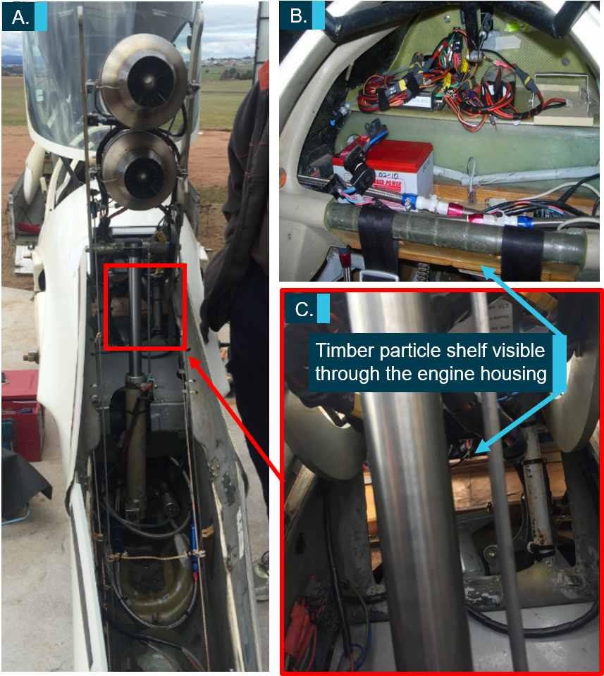 Figure 7: Engine housing and cockpit (A. Engines – rear view, B. Cockpit area – rear view, C. Area between engine housing and particle shelf). Source: Gliding Federation of Australia, with permission.