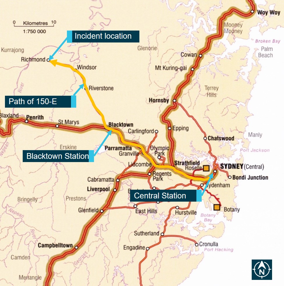 Figure 1: Location Map. This map shows the path of run 150-E from Central to Richmond Station and the major railway lines in the Sydney metropolitan area.<br />
Source: Geoscience Australia, modified by the ATSB