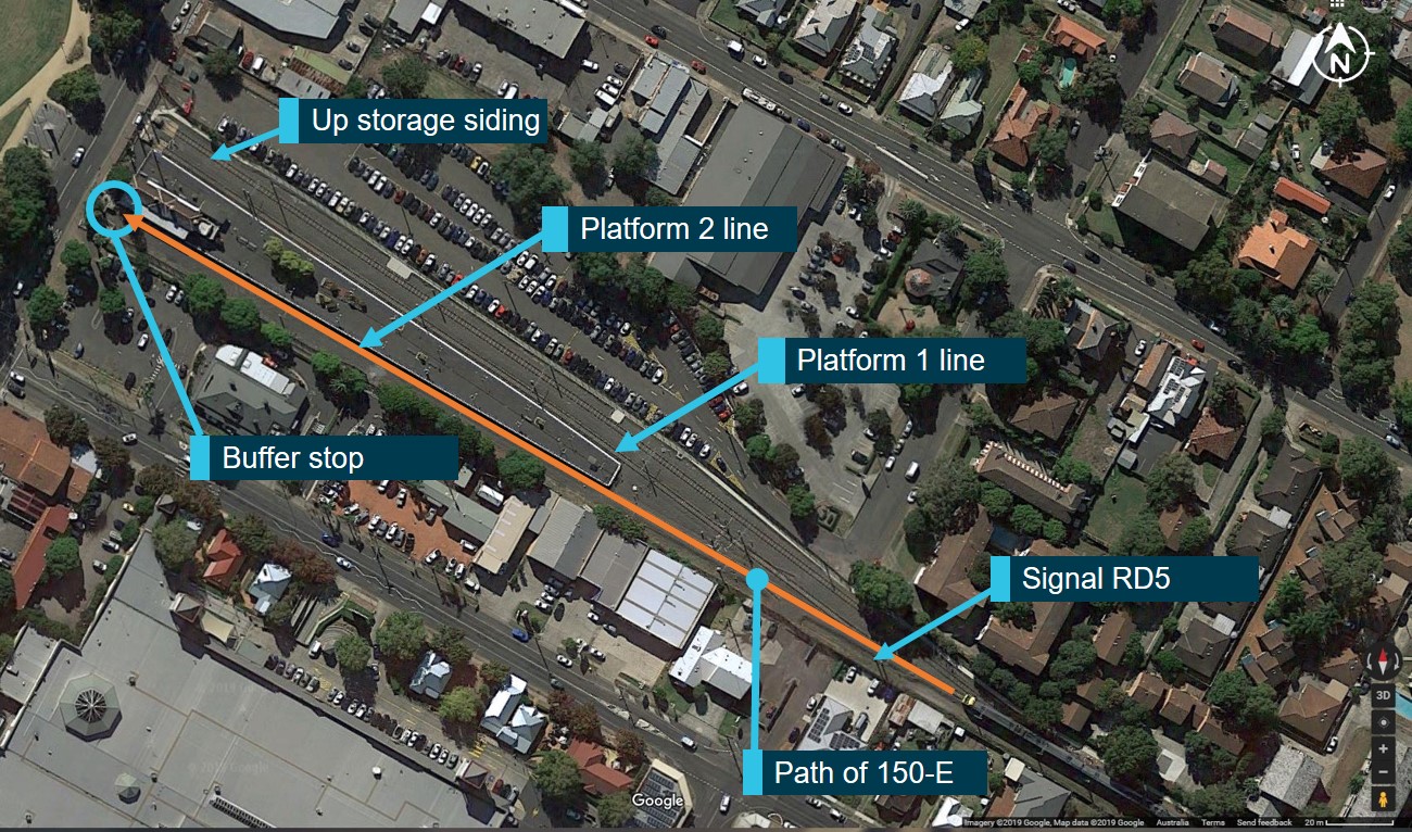 Figure 2: Richmond Station and train path of 150-E. Source: Google maps with annotations by ATSB