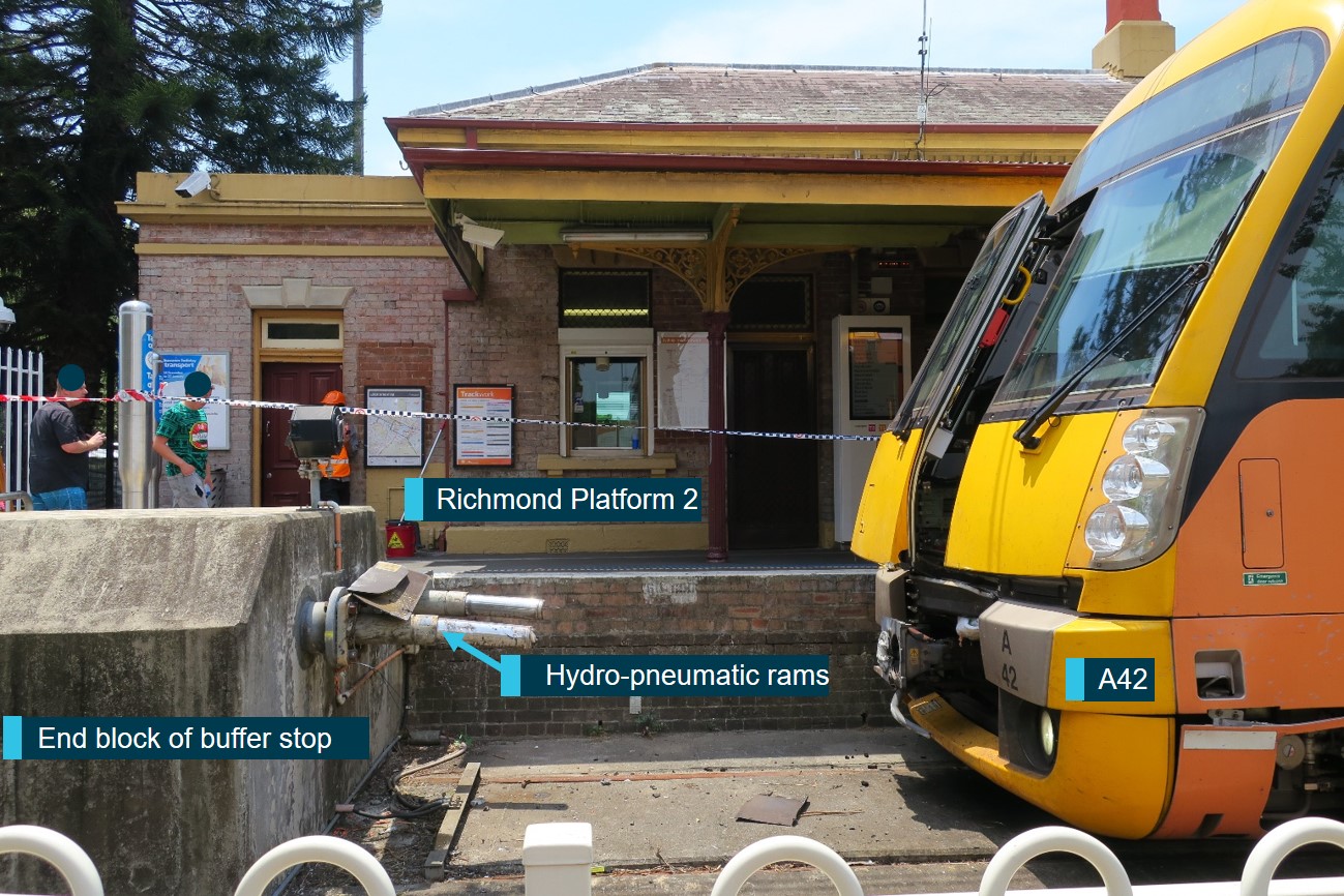 Figure 3: Platform 2 buffer stop and front of A42. This figure shows the post-collision damage to the buffer stop on Platform 2 and the front of A42.<br />
Source: ATSB