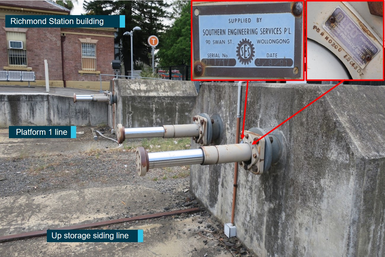 Figure 9: Buffer stops, Platform 1 and Up storage siding, Richmond Station. This diagram shows the buffer stops at Richmond Station on the Up storage siding line (right) and Platform 1 line (left), the insert shows the identification tags on one buffer stop. Source: ATSB