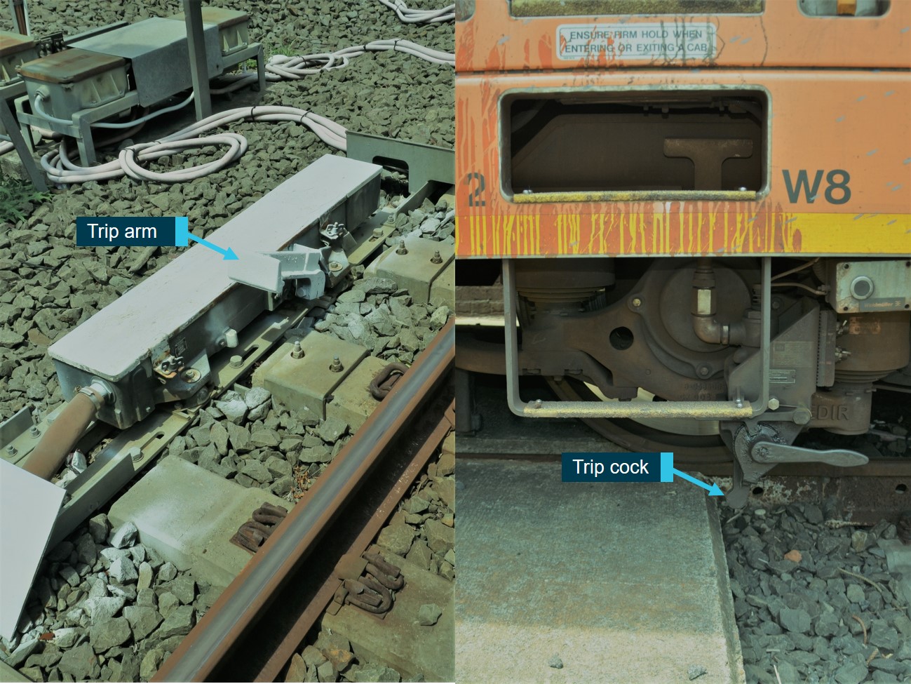 Figure 13: Signal train stop system.<br />
This figure shows the trip arm next to signal RD5 at Richmond (left) and the trip cock on A42 (right).<br />
Source: ATSB