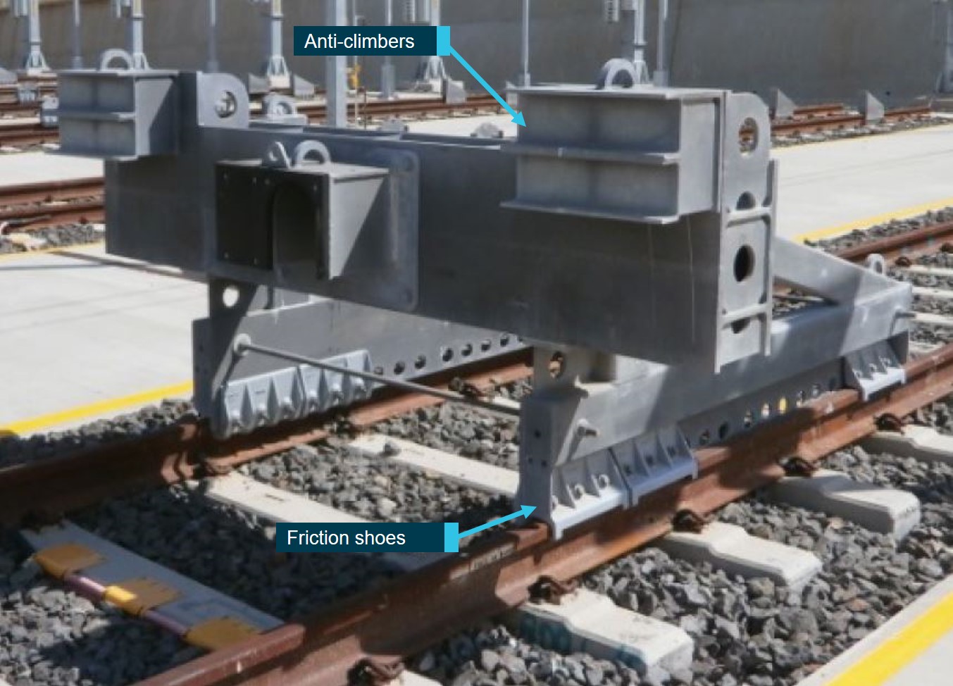 Figure 15: Friction buffer stop.<br />
This shows an energy- absorbing friction buffer stop. It has sliding friction shoes, anti-climbers and a coupler-compatible arrangement at the front.<br />
Source: TfNSW with annotations by ATSB