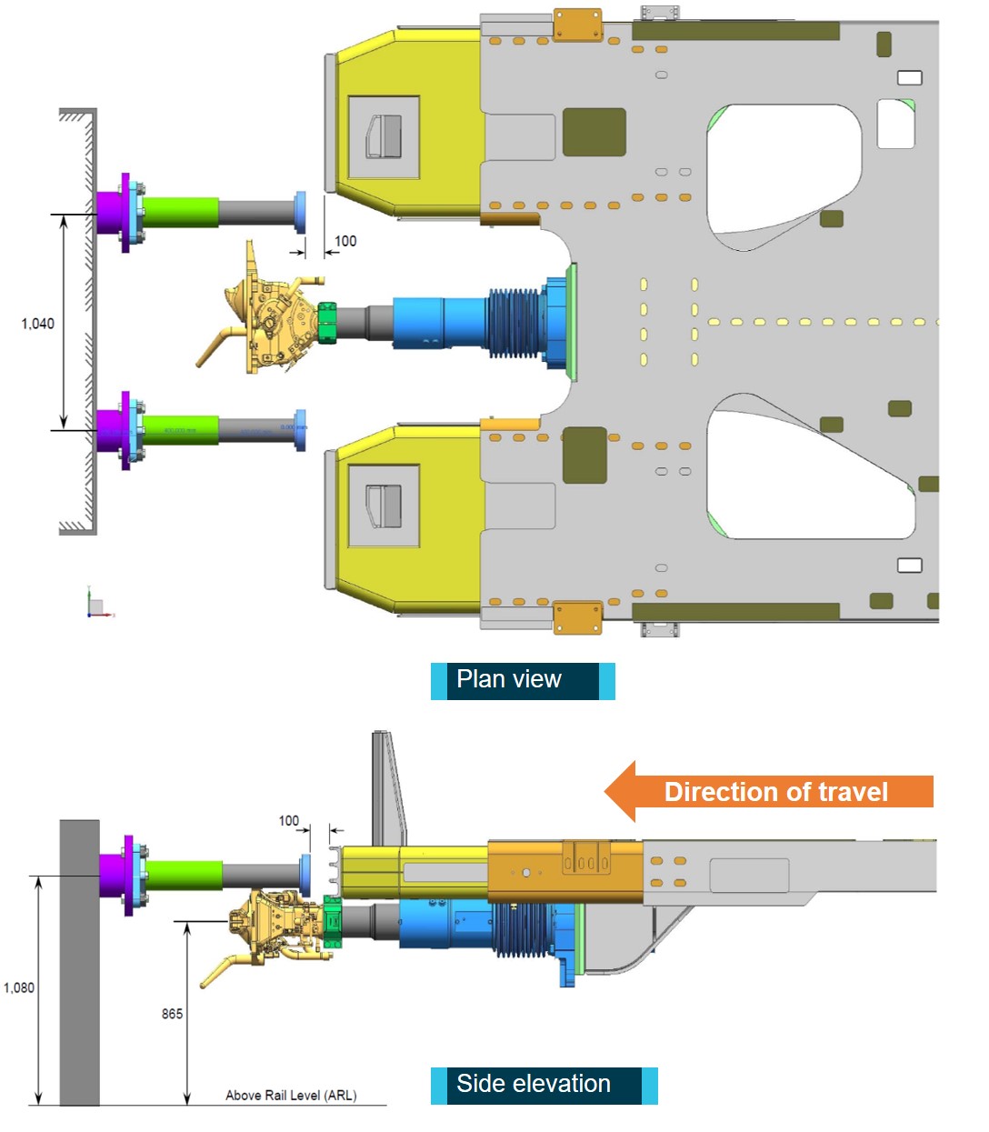 Figure 18: Richmond buffer stop and front CEMS of A42.<br />
This figure shows the plan view and side view of the Richmond buffer stop and the front of train CEMS of A42 just before contact.<br />
Source: Downer with annotations by ATSB