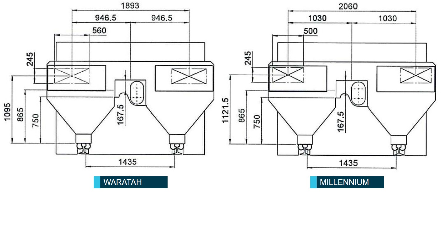 Figure 20: Redesigned buffer stop for Waratah and Millennium trains.<br />
This elevation drawing shows the differences in design of the front buffer beam for the Waratah and Millennium trains.<br />
Source: Sydney Trains