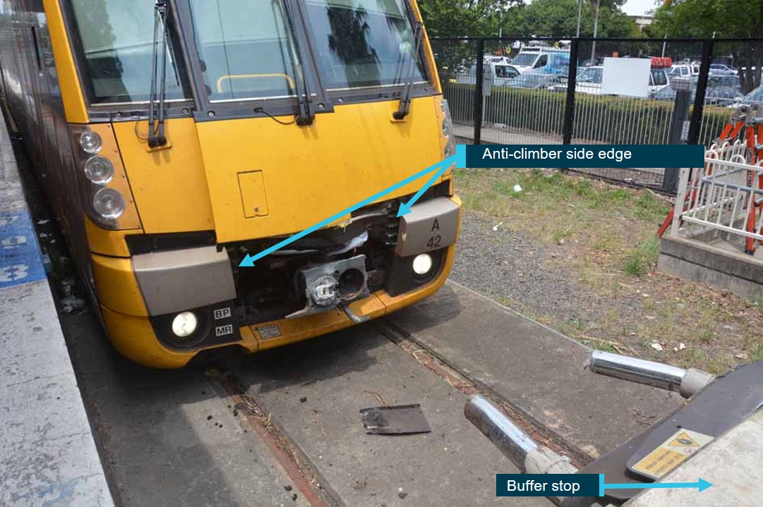 Figure 25: Position of anti-climbers on leading car. This figure shows position of the anti-climbers on the leading car of A42 and the edge which contacted the buffer tube flange.<br />
Source: ATSB