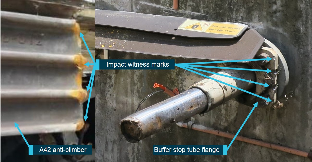 Figure 26: Damage from impact with anti-climbers.<br />
This figure shows the damage to the buffer stop tube flange (Right side) following contact with A42’s RHS anti-climber (Left side) and the corresponding damage to the RHS anti-climber edge.<br />
Source: ATSB