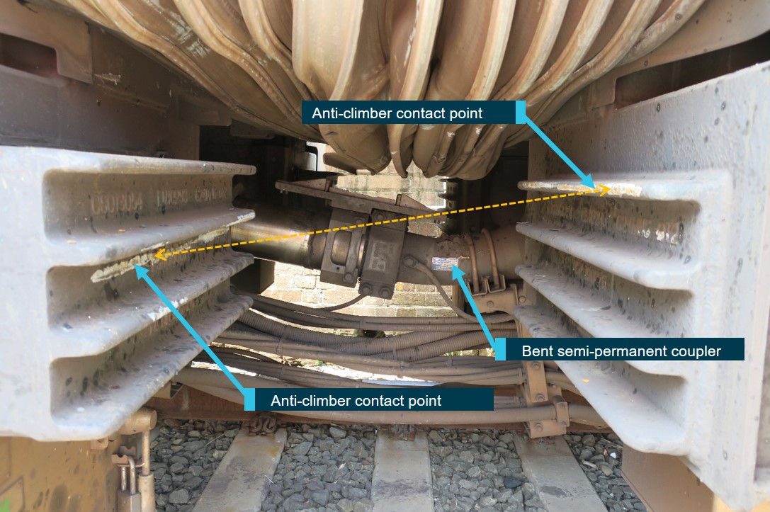 Figure 28: Bent semi-permanent coupler.<br />
This figure shows the bent coupler between the first and second cars (D6342 and N5342) and also the contact witness marks on the anti-climbers.<br />
Source: ATSB