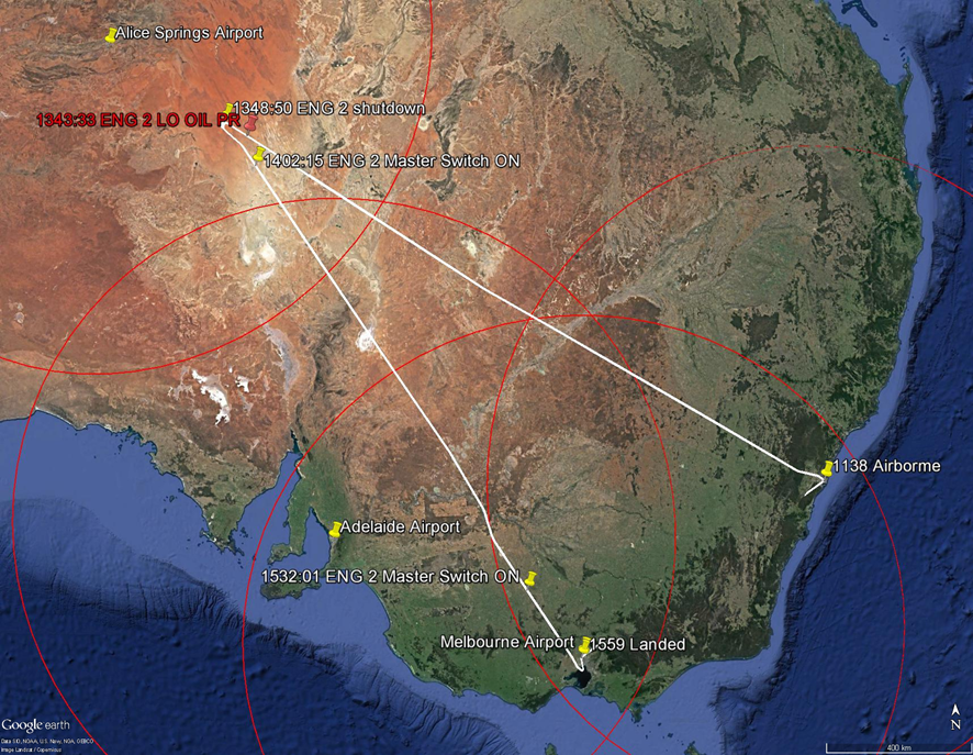 Figure 5: XAX221 flight track, with 430 NM range circles.<br />
The flight track of XAX221 is displayed, as are 430 NM range circles from the company preferred alternates of Melbourne, Adelaide and Alice Springs aerodromes. The positions of the ENG2 OIL LO PR warning and the two engine relight attempts are also shown.<br />
Source: Google earth, modified by ATSB.