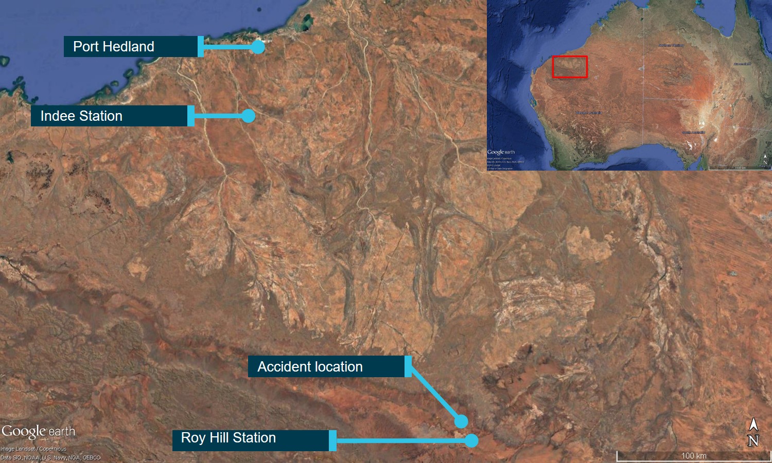 Figure 1: VH-JEW accident site location, near Roy Hill Station.<br />
Source: Google earth, annotated by the ATSB