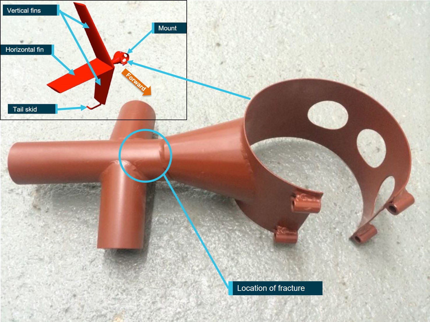 Figure 3: Stabiliser assembly showing location of fracture on VH-JEW.<br />
Source: Cicaré, modified by the ATSB