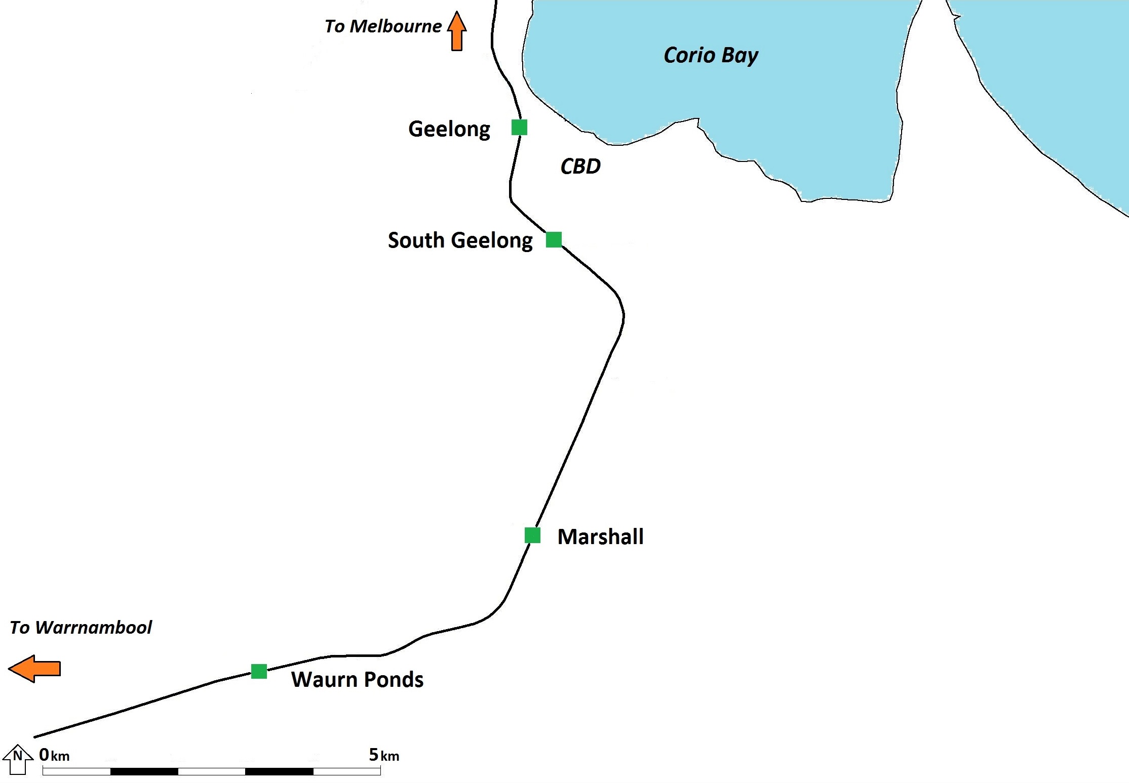 Figure 1: Marshall Railway Station location relative to Waurn Ponds and Geelong. Source: PASS Assets (Public Transport Victoria)