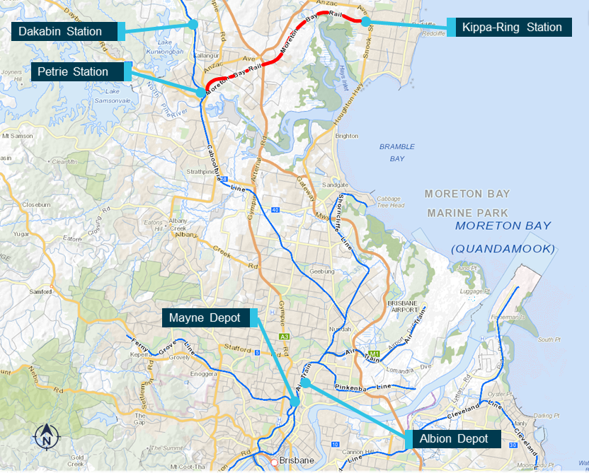 Figure 1: South-Eastern Queensland rail lines north of Brisbane.<br />
Source: Australian Government National Map, annotated by ATSB