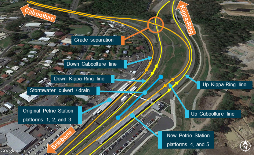 Figure 7: Petrie Station layout.<br />
Source: Google Earth, annotated by ATSB