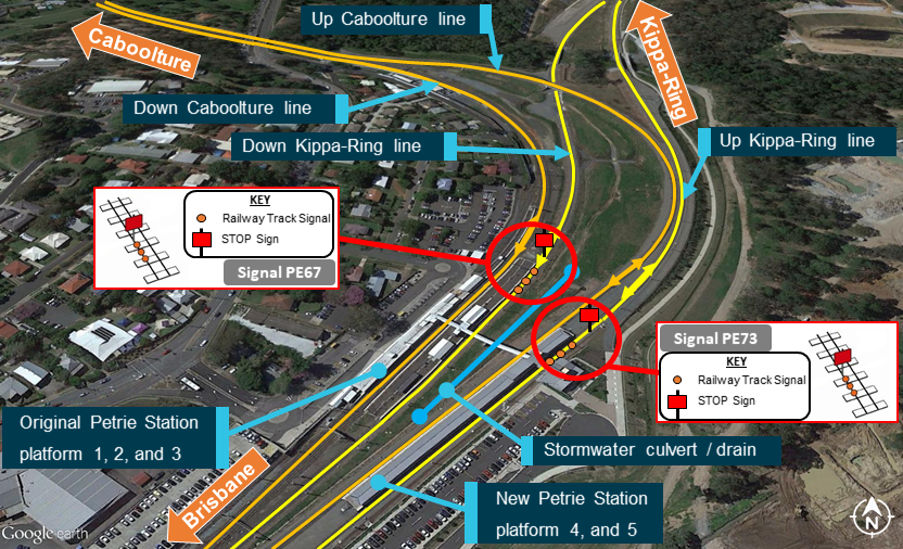 Figure 12: Petrie Station, showing placement of permanent way protection equipment for Kippa-Ring line closure.<br />
Source: Google Earth, annotated by ATSB