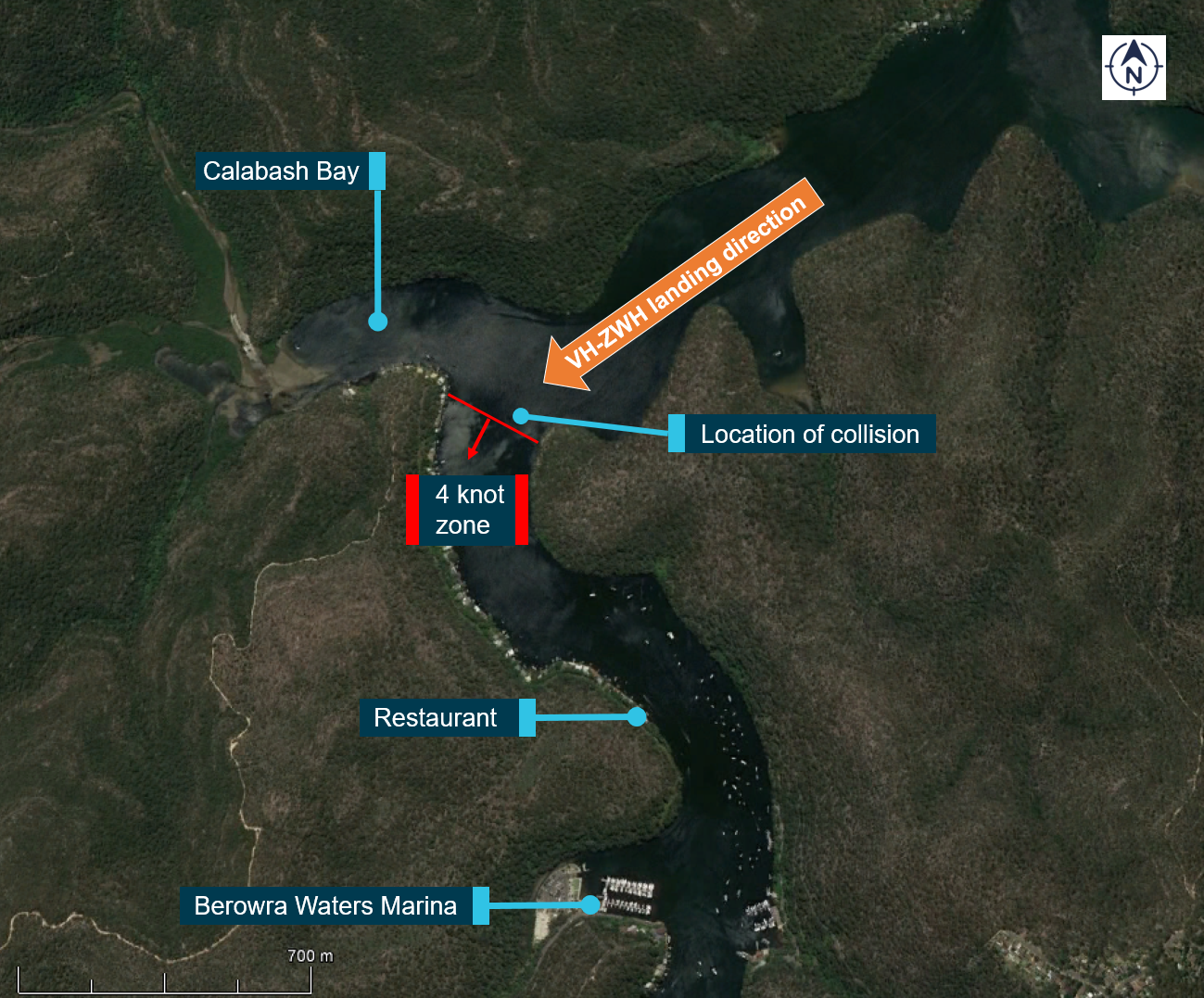 Figure 1: Image of the Berowra Waters area showing the location of the collision, the landing direction of VH-ZWH and significant landmarks.<br />
Source: Google earth annotated by the ATSB.