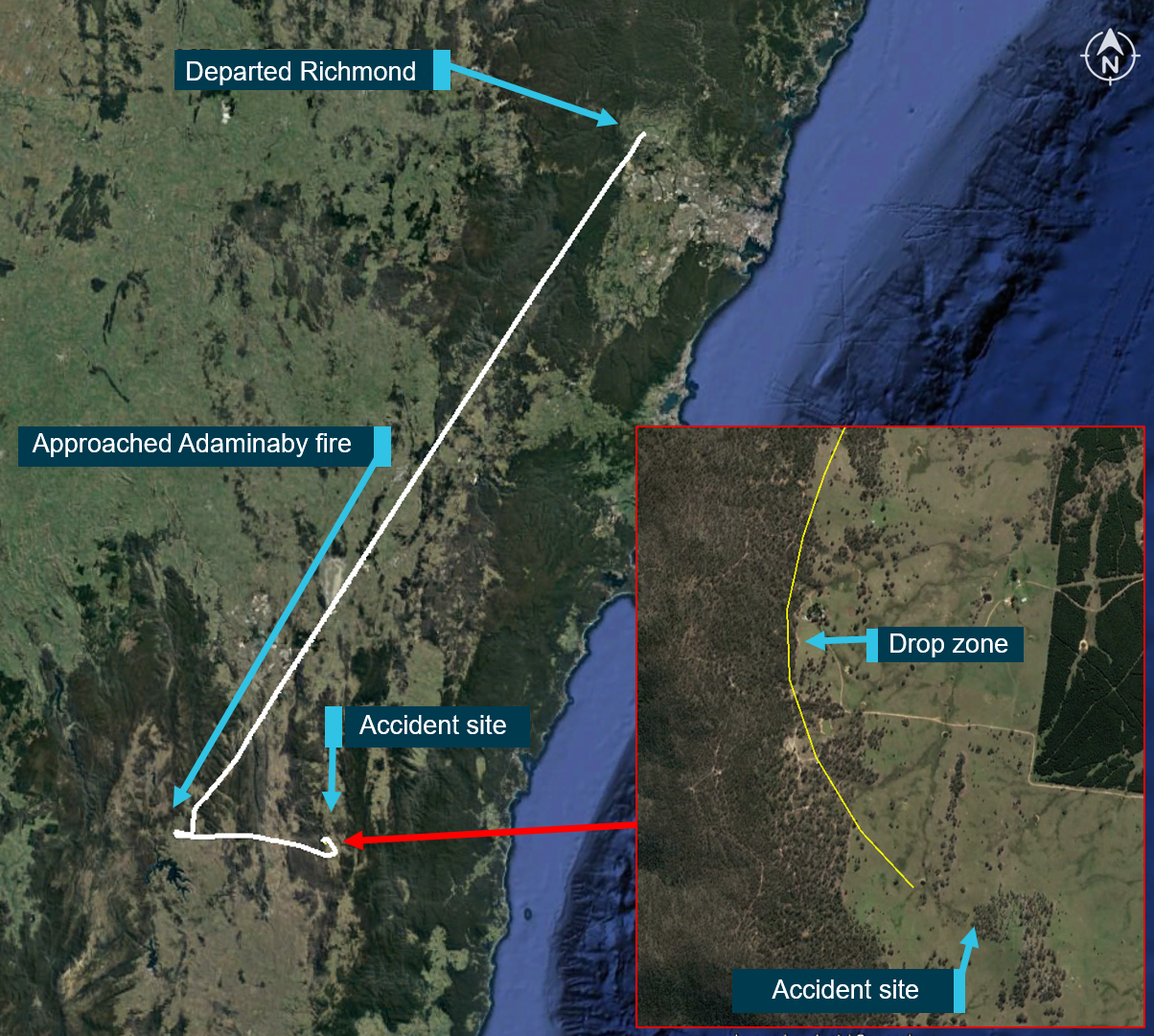 Figure 1: Flight path of N134CG (white). Source: Google Earth, Aireon and RFS tracking data, annotated by the ATSB