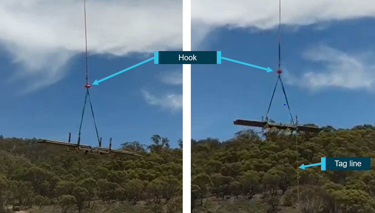 Figure 3: Images showing the occurrence load during departure from loading site.<br />
The image on the left shows that on departure the load was slightly uneven, the image on the right shows the load after loadmaster had adjusted the slings.<br />
Source: Helicopter Operator A, annotated by the ATSB