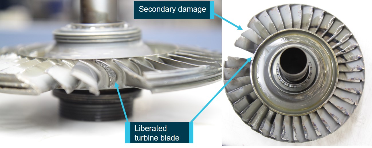 Figure 4: Third-stage turbine wheel removed from VH-SEV showing damage.<br />
Source: ATSB