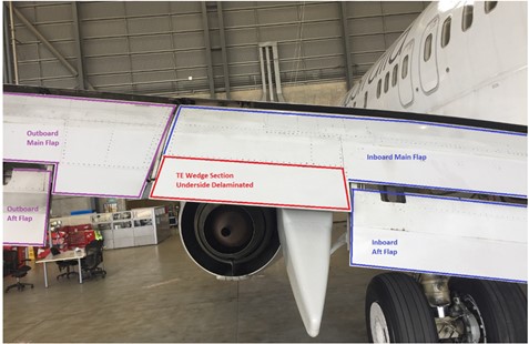 Figure 1: Delaminated section on the aircraft’s left wing.<br />
Source: Operator’s engineering department