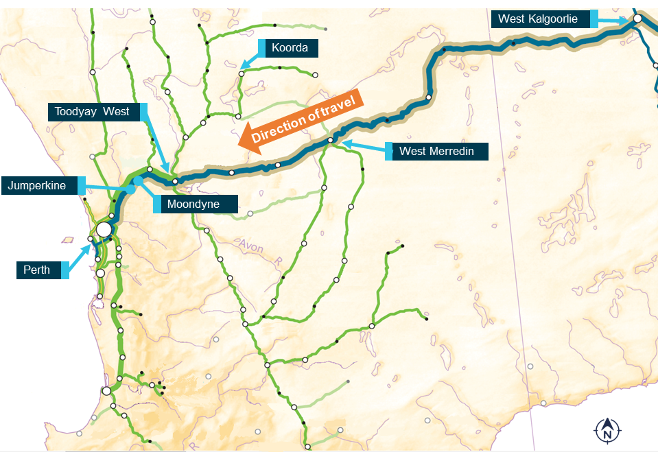 Figure 1: Kalgoorlie to Perth ARC Infrastructure network geography.<br />
Source: ARA Railways of Australia Map 2014, annotated by ATSB.