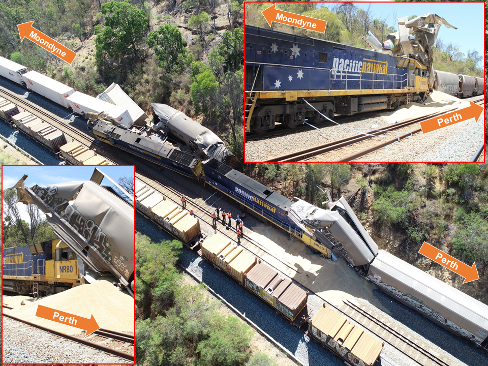 Figure 4: Accident site, lead locomotive of 7MP5 and last wagon of 2K66 post collision.<br />
Source: WA Police and ATSB, Annotated by the ATSB.