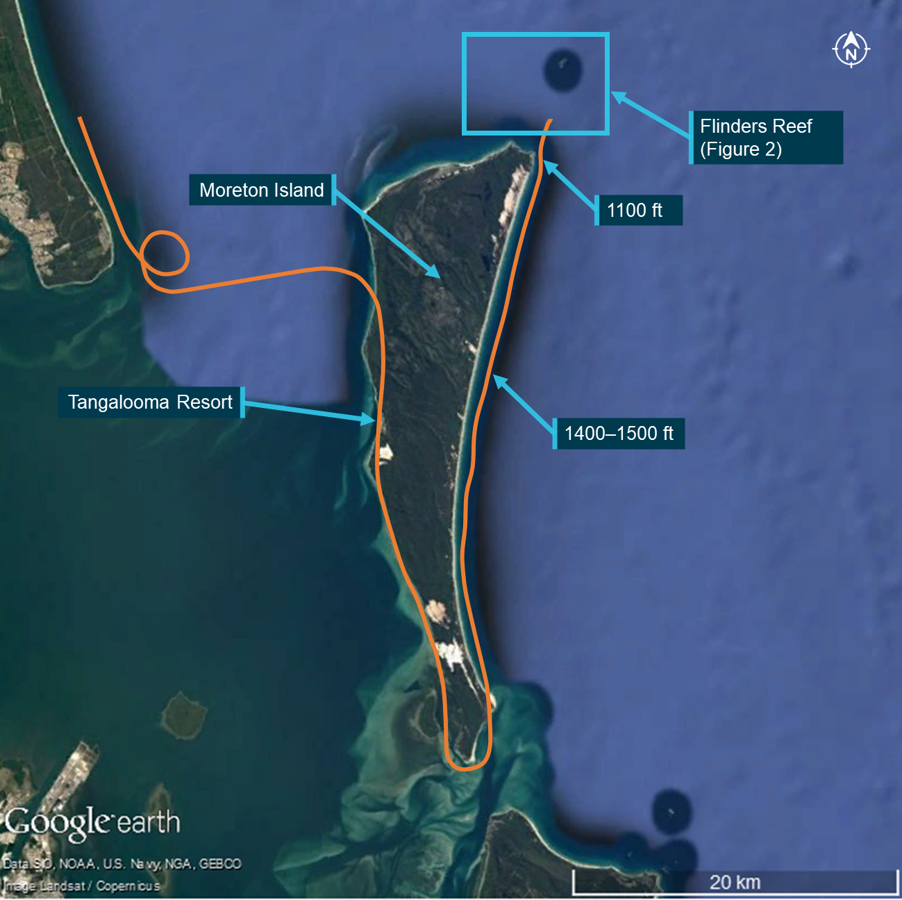 Figure 1: Preliminary representation of the flight path of VH-WNR.<br />
Source: Google Earth, modified by the ATSB.