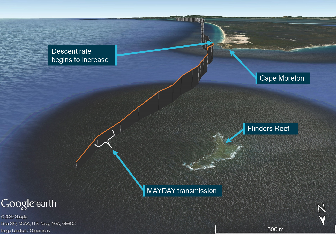 Figure 2: Preliminary representation of the flight path of VH-WNR, near Flinders Reef.<br />
Source: Google Earth, modified by the ATSB.