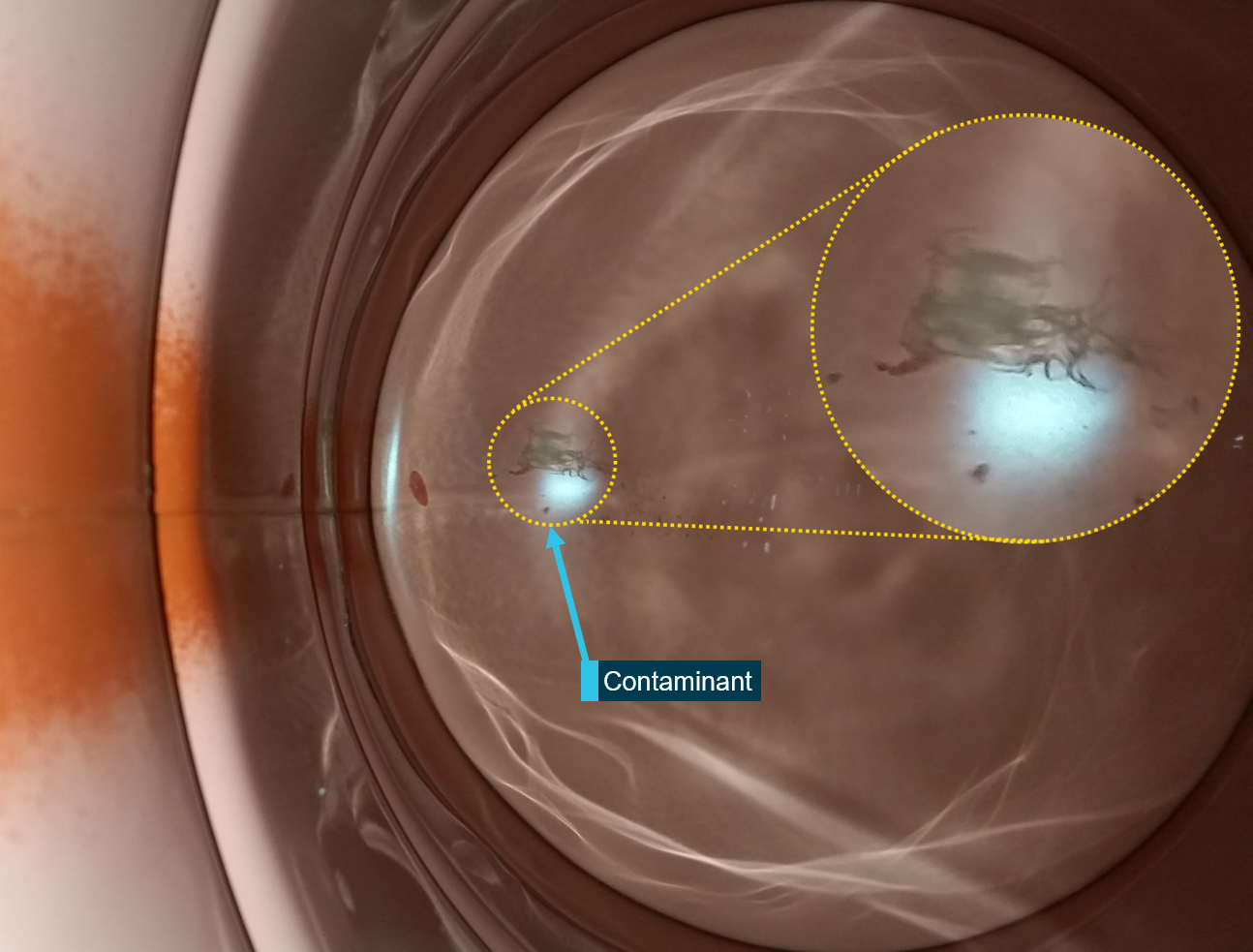 Figure 2: A large contaminant observed at the base of a drum of Jet A1 fuel.<br />
Source:  Operator, modified by ATSB