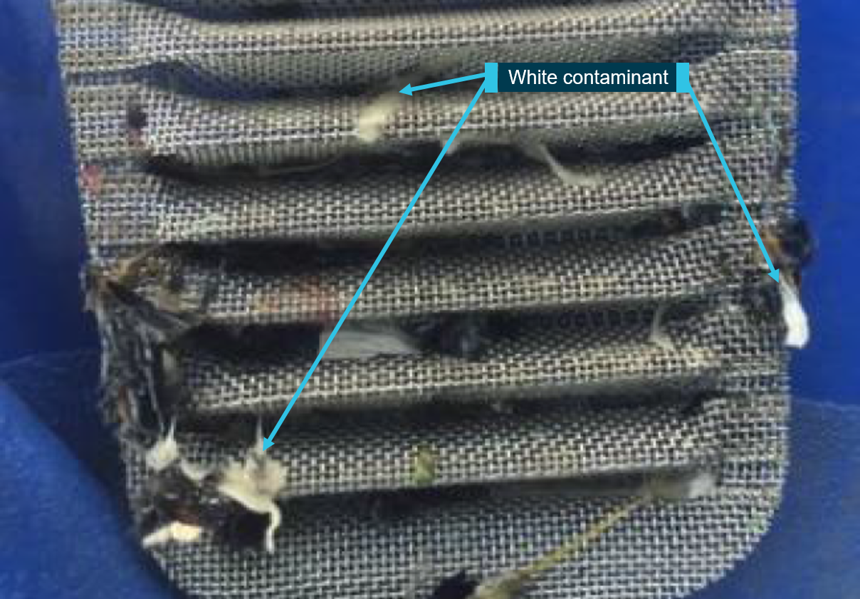 Figure 3: White contaminants in the ‘rock catcher’ – part of the fuel pump system.<br />
Source:  Operator, modified by the ATSB