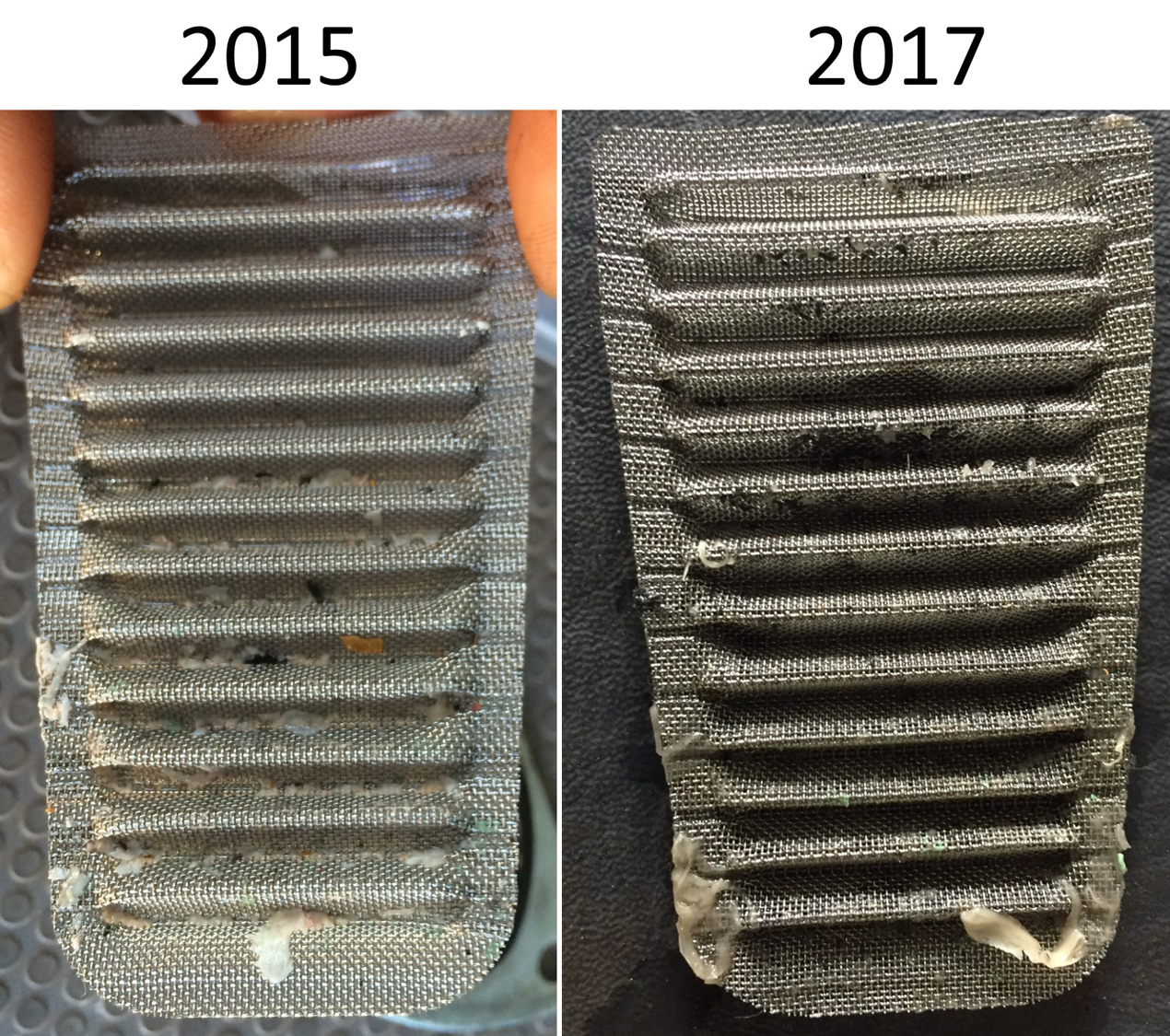 Figure 7: A comparison of the white contaminant found in 2015 and in April 2017.<br />
Source:  Refueller, Operator