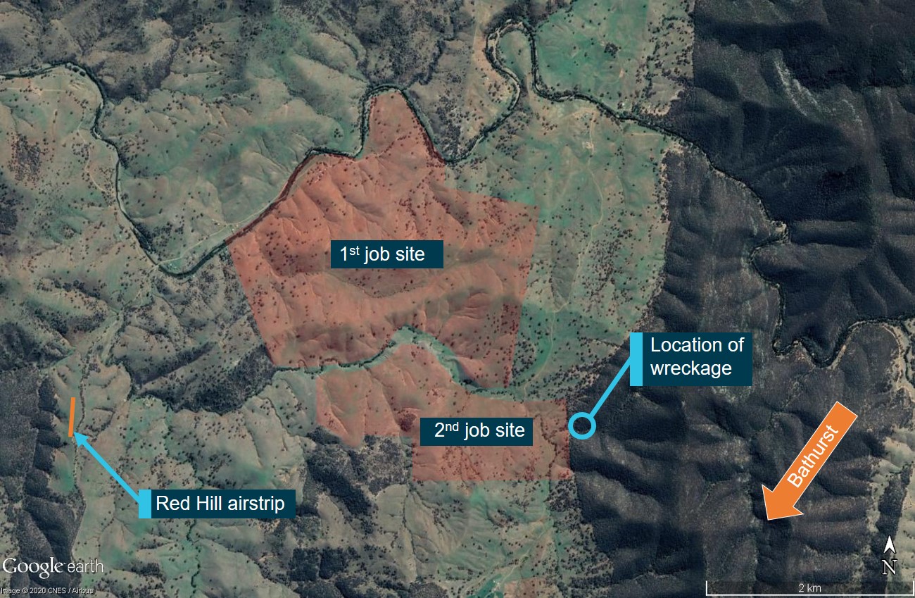 Figure 2: Area of operations.<br />
Figure 2 shows the area of operations including Red Hill airstrip and the location of the wreckage. The red shaded areas shows the approximate area of application for the first and second job sites.<br />
Source: Google, annotated by ATSB.