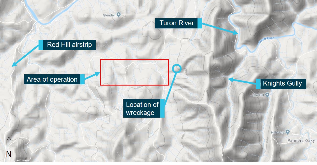 Figure 4: Topographical map showing the area of operations.<br />
Figure 4 shows the area of operation in relation to a ridgeline to the east of the application area.<br />
Source: Map data: Google, annotated by ATSB