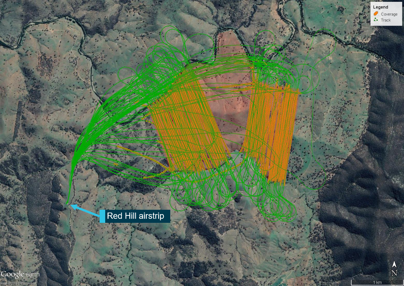 Figure 6: TracMap data of the flights involved in the first job on 16 June.<br />
Figure 6 shows the aircraft’s flight tack (shown in green) as well as the areas where fertiliser was applied (shown in orange).The red shaded area shows the approximate area of application for this job. Also shown by the annotation is the location of the Red Hill airstrip.<br />
Source: Google, annotated by ATSB.