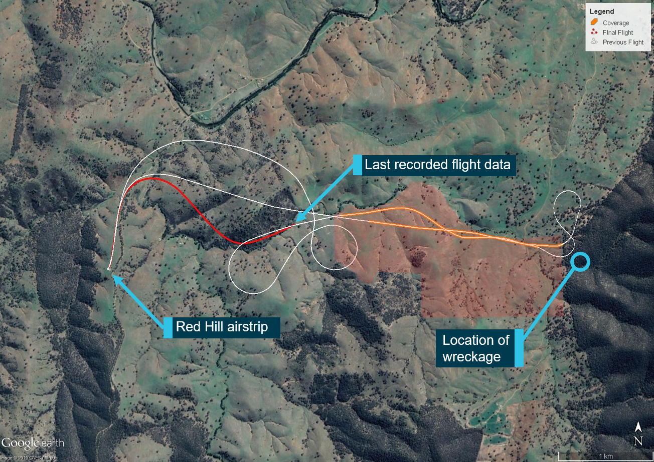 Figure 7: TracMap data of the penultimate flight (shown in white) and the accident flight  (shown in red).<br />
Figure 7 shows TracMap flight data for the accident flight in red and the previous flight in white. Areas on the previous flight where fertiliser was applied are shown in orange. The red shaded area shows the approximate area of application for this job. Also shown by the annotations are the Red Hill airstrip and the location of the wreckage.<br />
Source: Google Earth, annotated by ATSB.