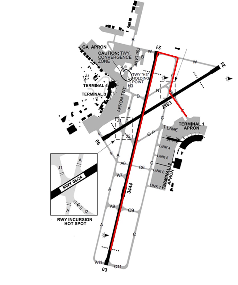 Figure 1: Taxi and take-off path (in red) of PK-AZE.<br />
Source: Airservices Australia (modified by the ATSB)