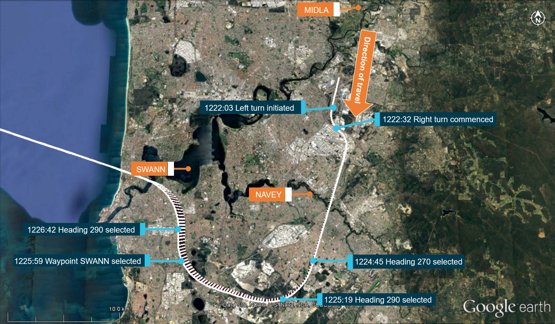 Figure 2: Flight path of PK-AZE from runway 21.<br />
Source: Google Earth, modified by the ATSB