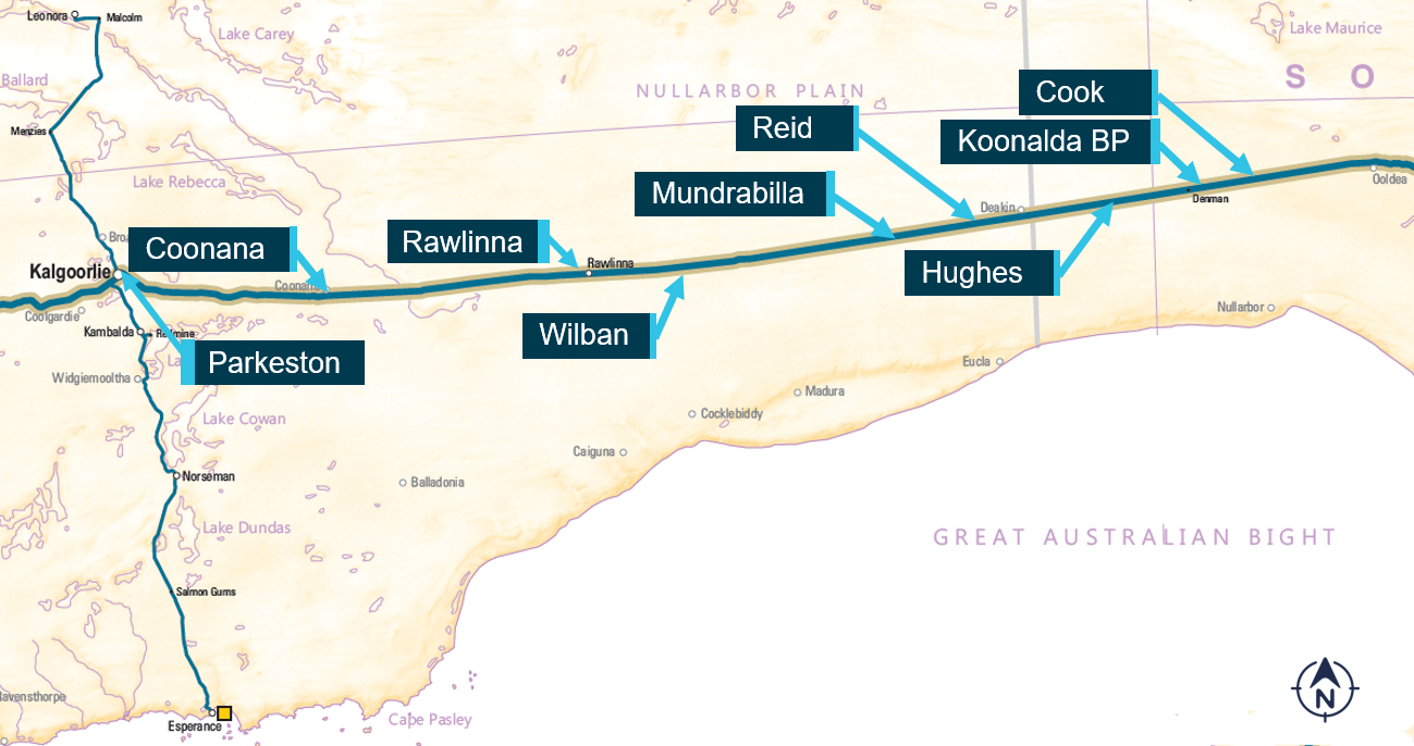 Figure 1: Referenced locations between Cook and Parkeston (Kalgoorlie).<br />
Source: Geoscience Australia, annotated by ATSB