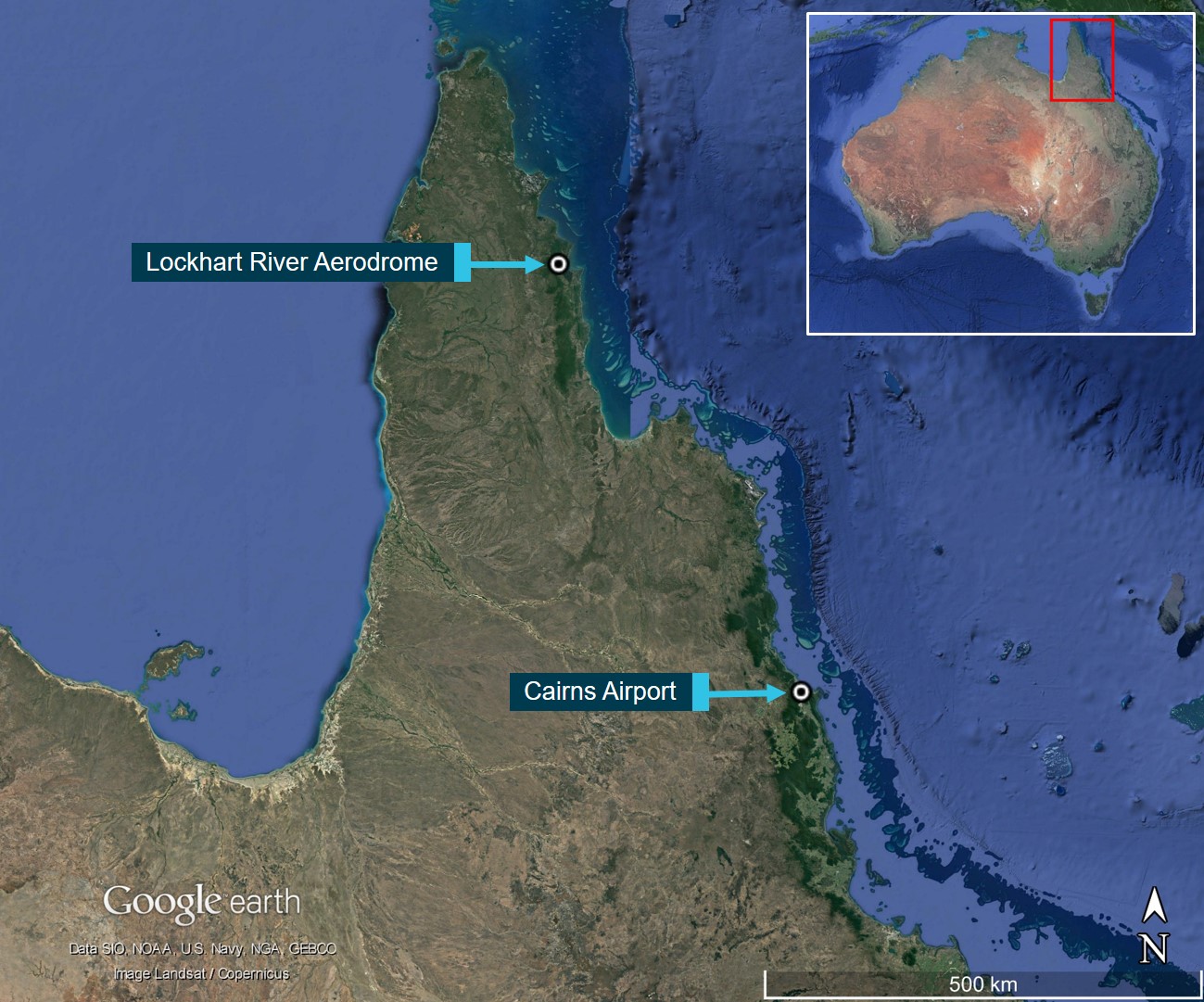 Figure 1: Location of Cairns and Lockhart River in north Queensland, Australia.<br />
Source: Google Earth, annotated by the ATSB