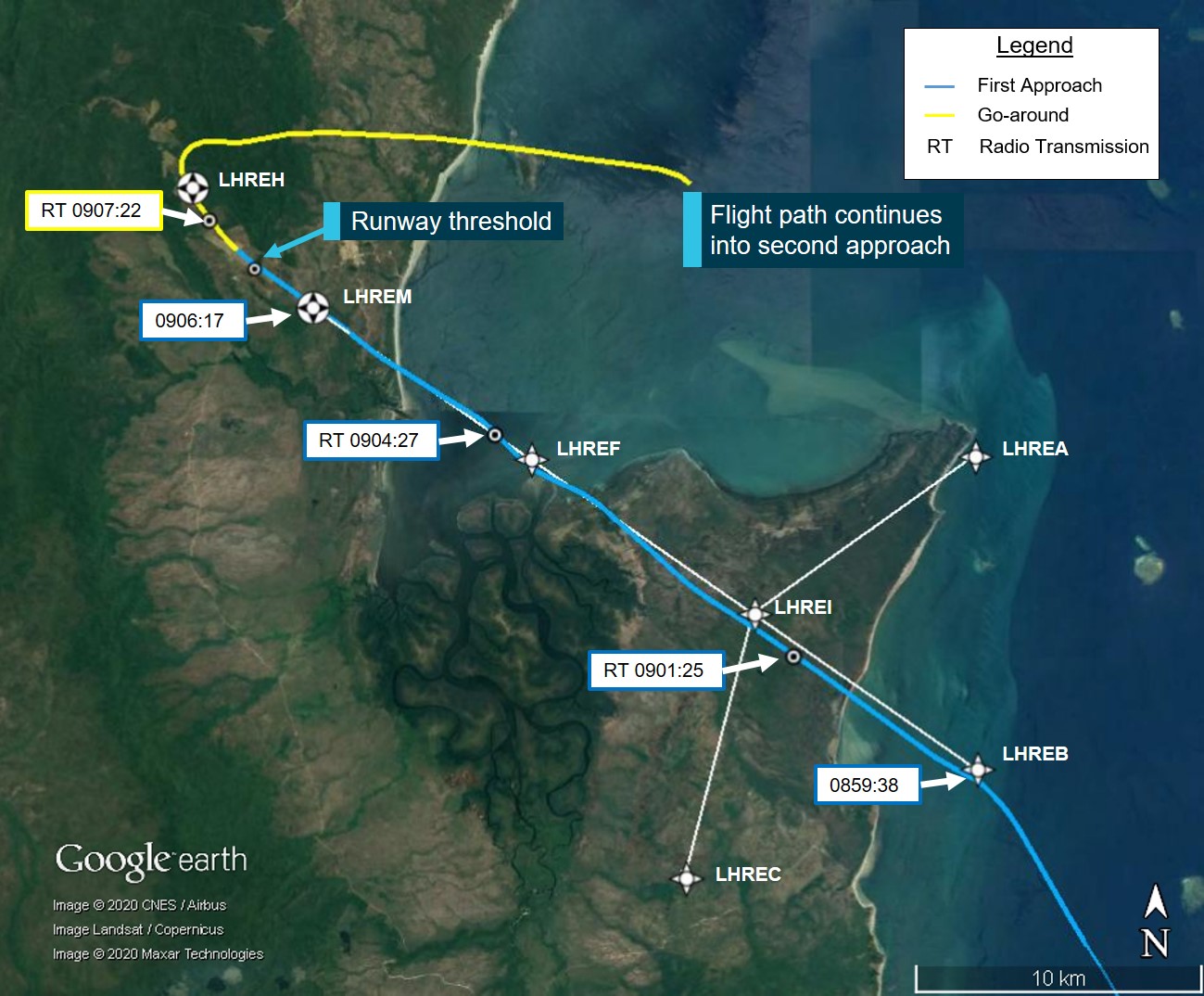 Figure 2: Flight track of VH-OZO during first RNAV (GNSS) approach at Lockhart River Aerodrome with time stamps, feature labels, and approach parameters superimposed.<br />
Source: Google Earth, annotated by the ATSB