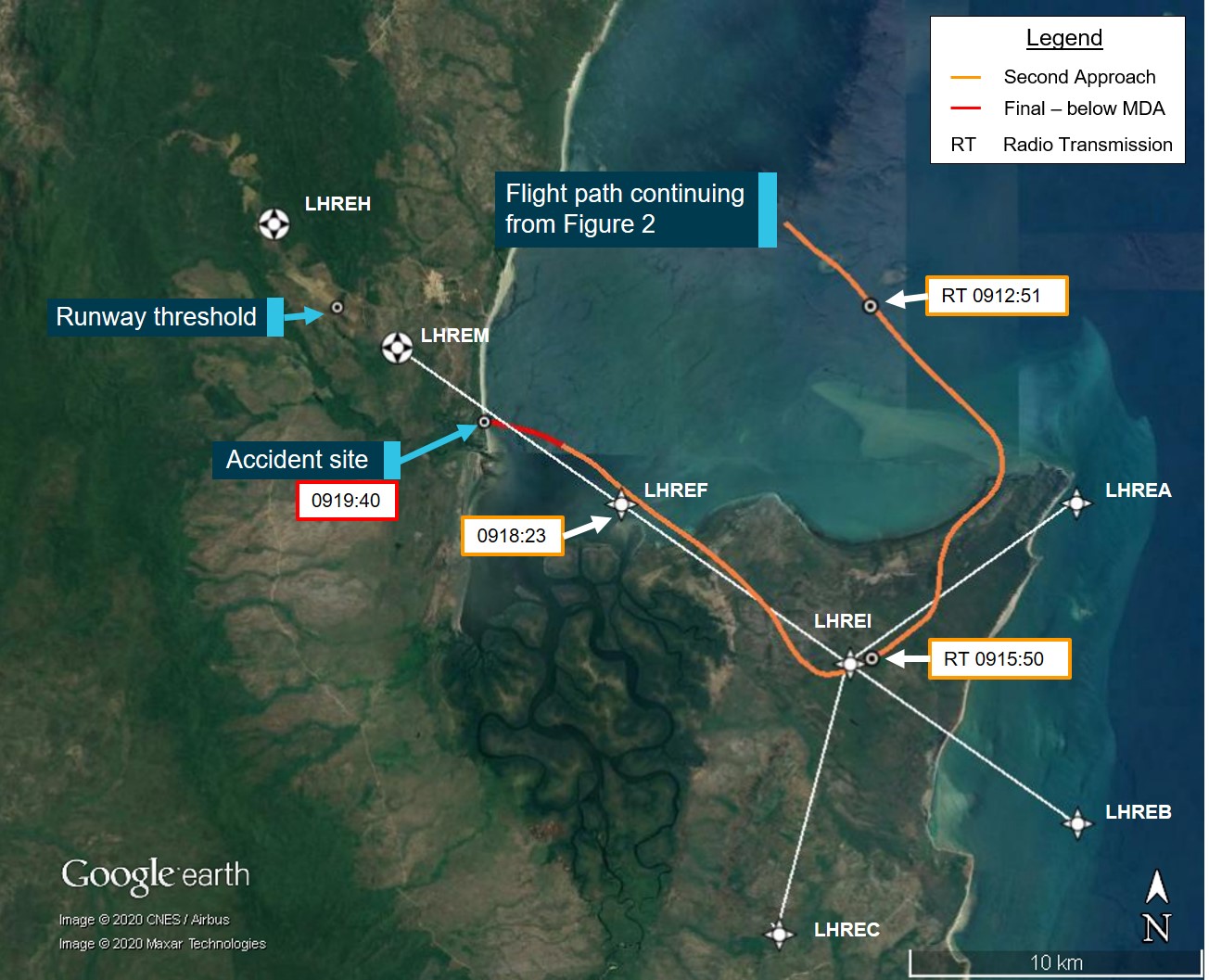 Figure 3: Flight track of VH-OZO during second RNAV (GNSS) approach at Lockhart River Aerodrome with time stamps, feature labels, and approach parameters superimposed.<br />
Source: Google Earth, annotated by the ATSB