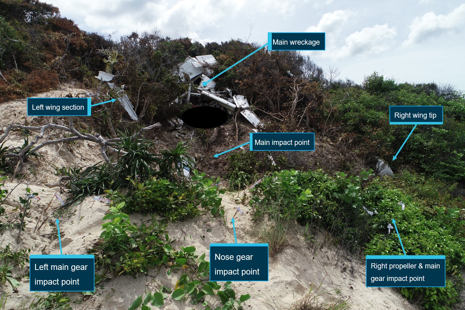 Figure 6: Impact points of VH-OZO and main wreckage.<br />
Source: ATSB