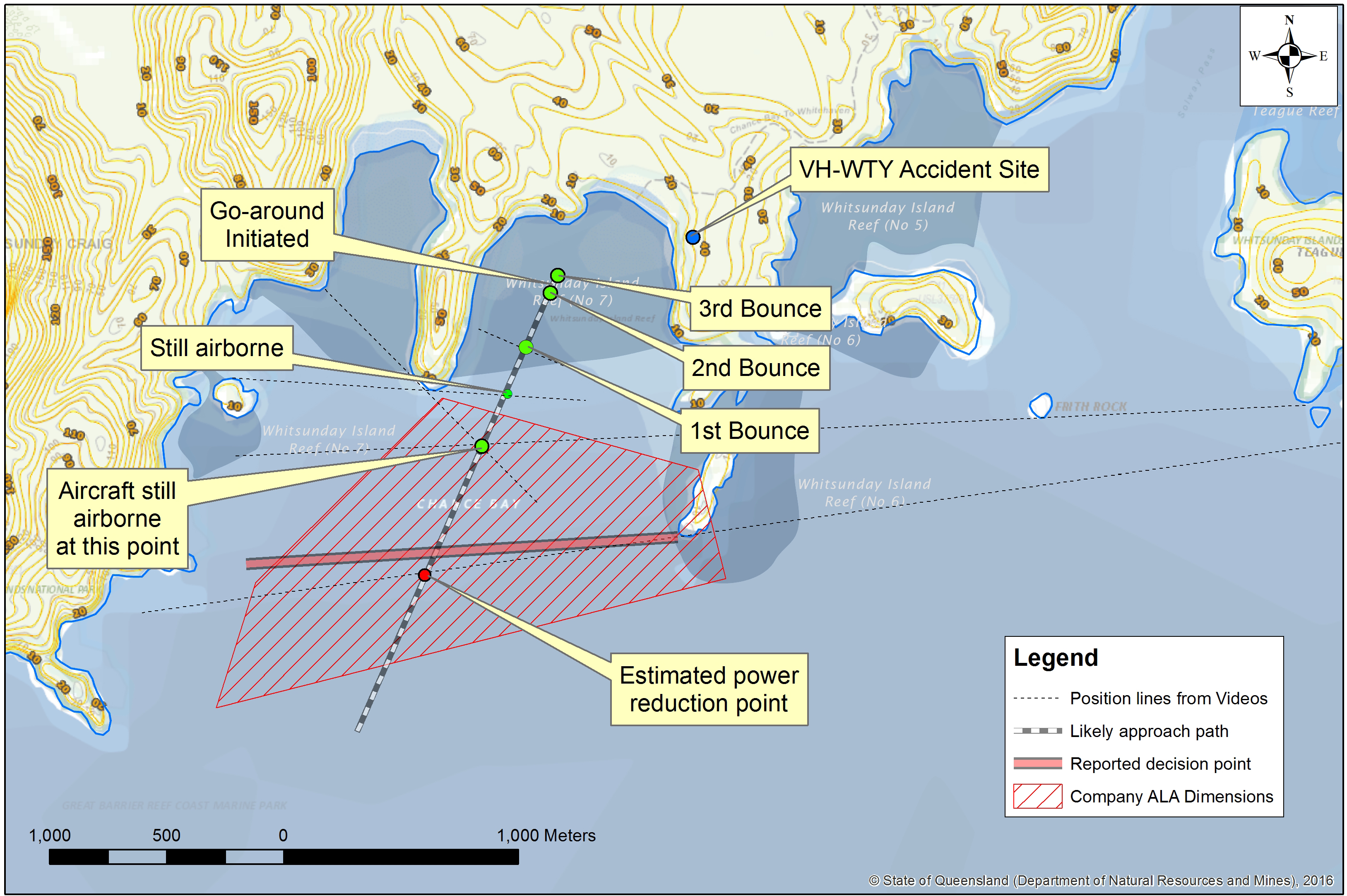 Figure 2: Aircraft track toward Chance Bay main beach, showing approximate bounce locations and VH-WTY final position    Source – Basemap – State of Queensland, modified by ATSB