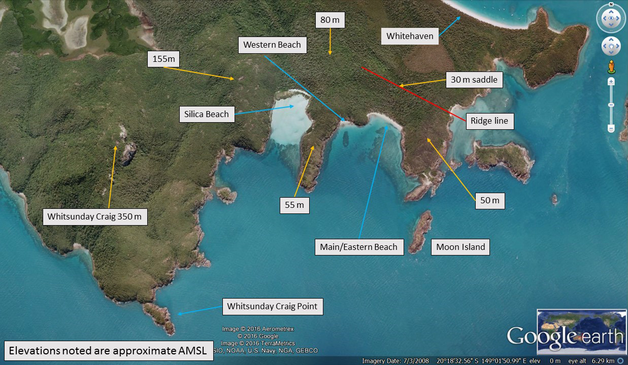 Figure 3: Chance Bay overview showing local features and elevations    Source: Google Earth, modified by the ATSB